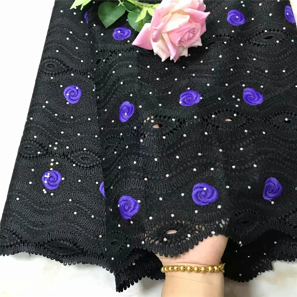 

Fresh black delicate nigerian guipure lace fabric 5 yards great embroidered lace fabric with rhinestones for garments WDS-17