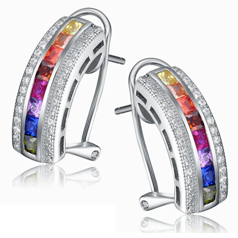 Aceworks Ethnic Multicolor Zirconia 925 Sterling Silver Stud Earrings Women Wedding Gift Jewelry Retro Indian Style Luxury | Украшения и