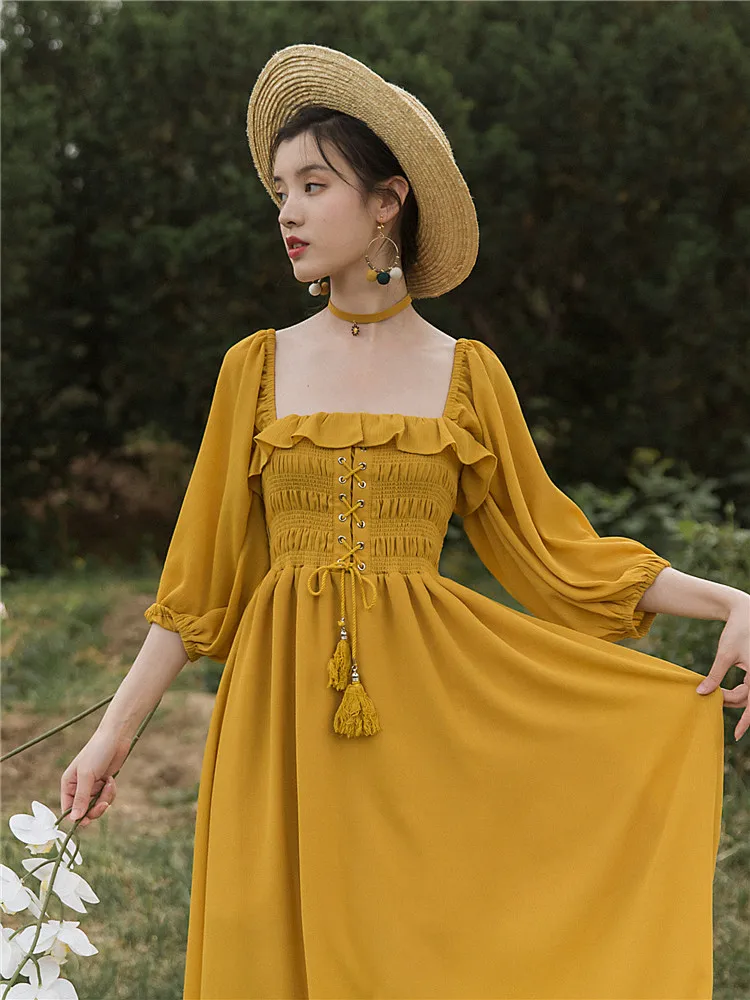 2019 новые модные женские платья французский суд ретро квадратный воротник Холтер