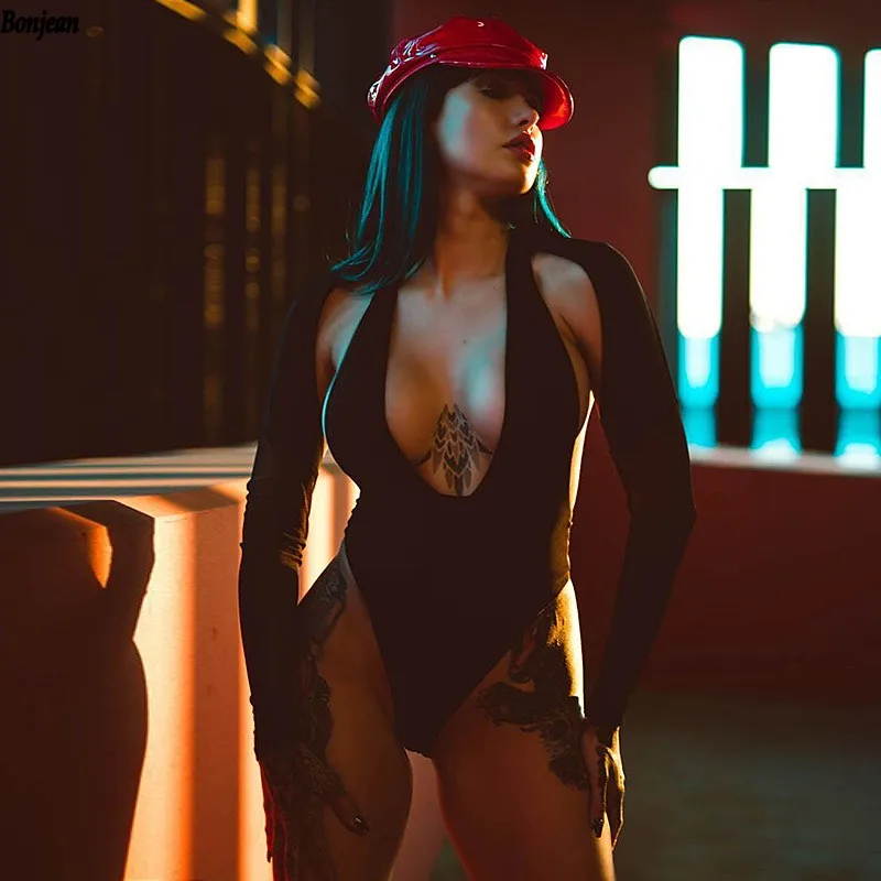 Сексуальное боди с длинными рукавами и глубоким v образным вырезом на спине|Боди|