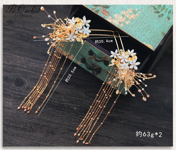 PEORCHID Chinese Bride Hair Jewelry Gold Comb Clip Bridal Pins Flowers Wedding Headdress Ornament Ancient Sticks |