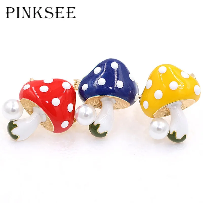 

PINKSEE Lovely Cute Mushroom Women Brooches Yellow Blue Red Elegant Jewelry Simulation-Pearl Brooch Pins For Girls