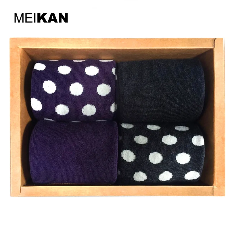 MKJC1811 MEIKAN High Quality Women Full Terry Cotton Socks Purple Blue Dot Breathable Warm Modern Retro Winter Socks 4Pairs/Lot