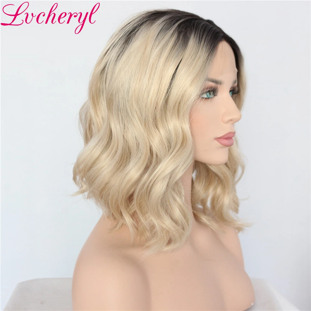 Lvcheryl Омбре темные корни до блонд короткий Боб волнистые ручная вязка высокотемпературное волокно термостойкие синтетические парики на кружеве