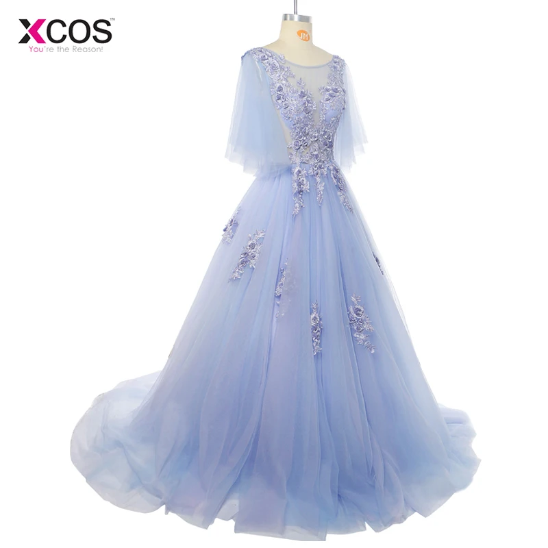 Charming Blue Long Tulle Prom Dresses Flowers A Line Scoop Neck Formal Evening Party Robe de Soiree Custom Made Dress 2018 | Свадьбы и