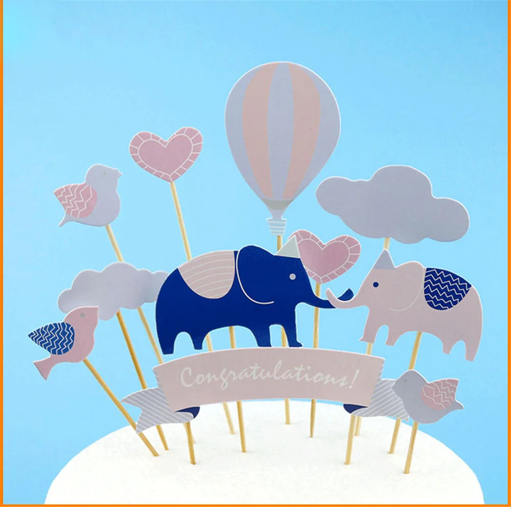 1set Elephant Lovely Happy Birthday Cupcake Cake Topper Flags Baby Shower Party Decoration Children Supplies | Дом и сад