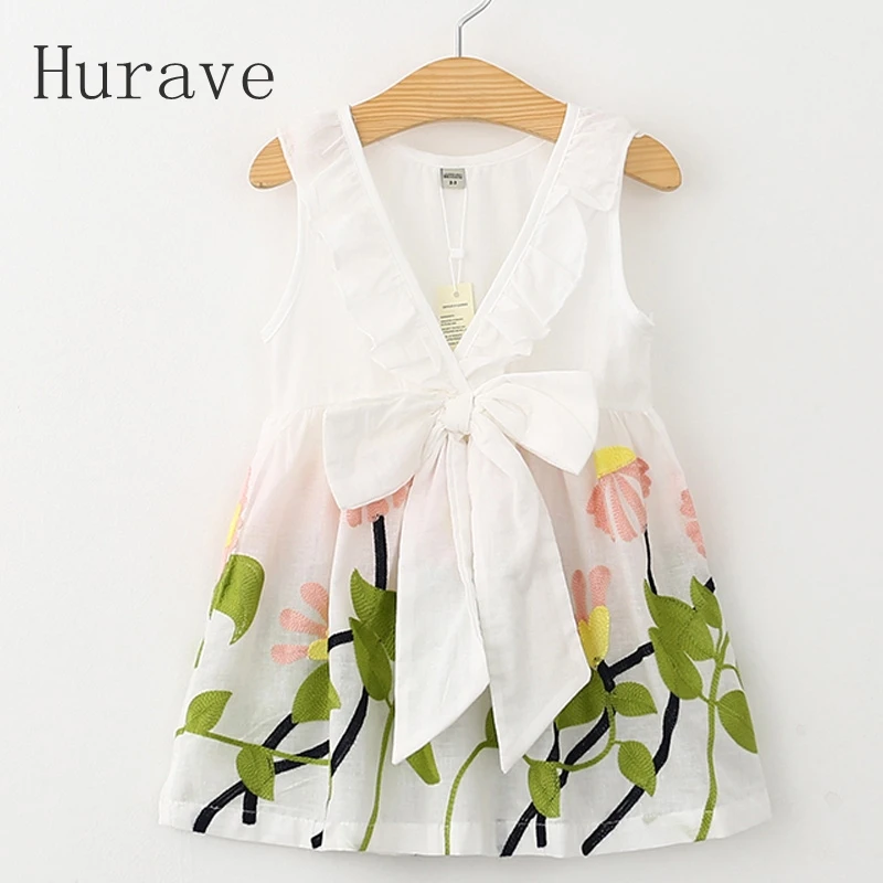 Hurave Girl Dress Floral Print 2019 Summer Girls V neck Embroidered Vest Children Cloth Toddlers Infant Vestidos Menina | Детская одежда