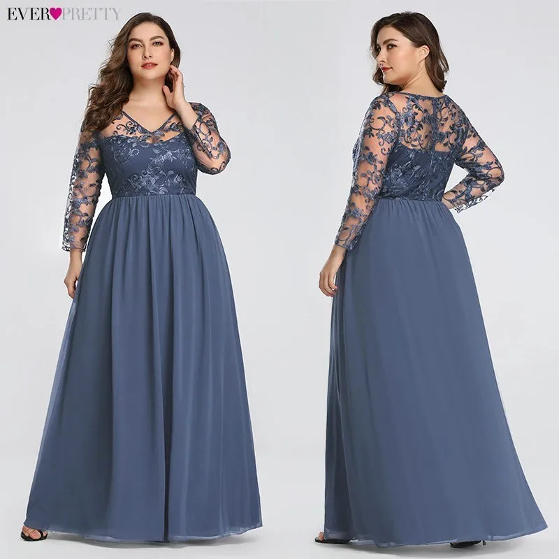 Plus Size Evening Dresses Long Ever Pretty New Dusty Blue Sleeveless V-neck Cheap Summer Formal Gowns Robe Soiree Dubai