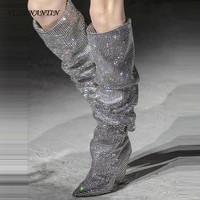 

VIISENANTIN Top Sexy Full Rhinestone Lady Long Boots Bright Crystal Strange Heel Over The Knee Bootie Runway T-show Bota Pointy