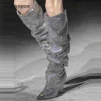 viisenantin top sexy full rhinestone lady long boots bright crystal strange heel over the knee bootie runway t show bota pointy