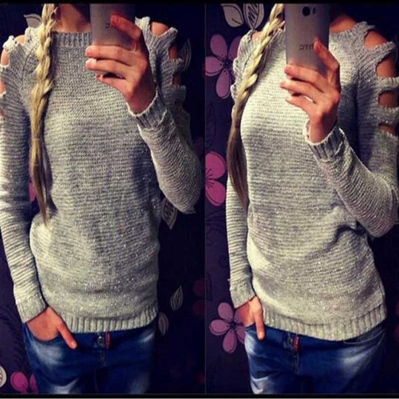 Solid Color White Women Sweater Off Shoulder Open Female Knitted O-neck Pullover Womens Casual | Женская одежда