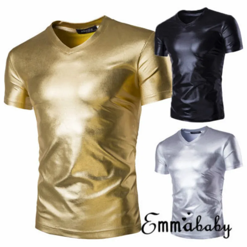 2018 emmaaby Мужская Блестящая футболка металлик с коротким рукавом облегающие