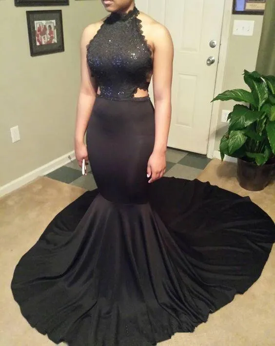 Black Prom Dresses Mermaid Halter Lace Beaded Sexy Backless Party Maxys Long Gown Evening Robe De Soiree | Свадьбы и торжества