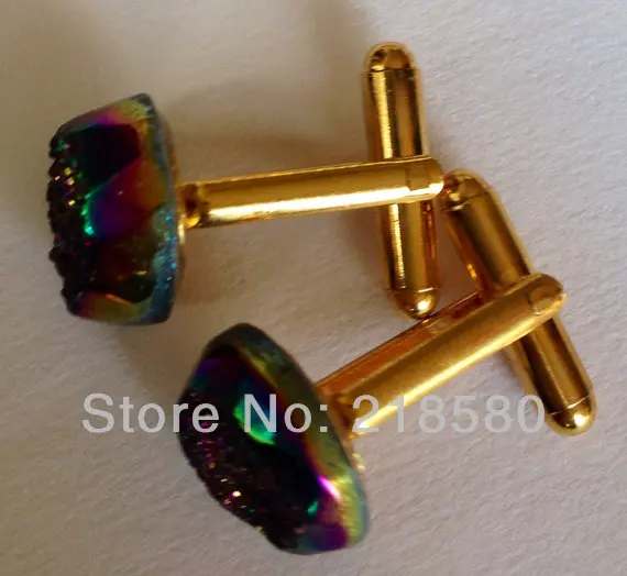 

H-CF02 10mm Gold Color Glitter Rainbow Titanium Druzy Cufflinks For Formal Attire Groom Prom Sparkle Cuff Links