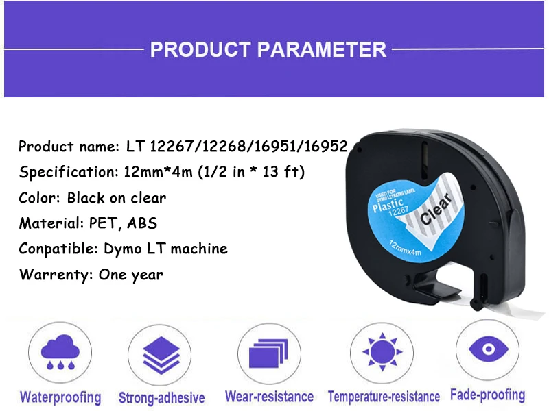Этикетка CIDY Совместимость 12 мм черный на прозрачном лента Dymo letratag LT 16952 16951 12267 12268 для LT-100H