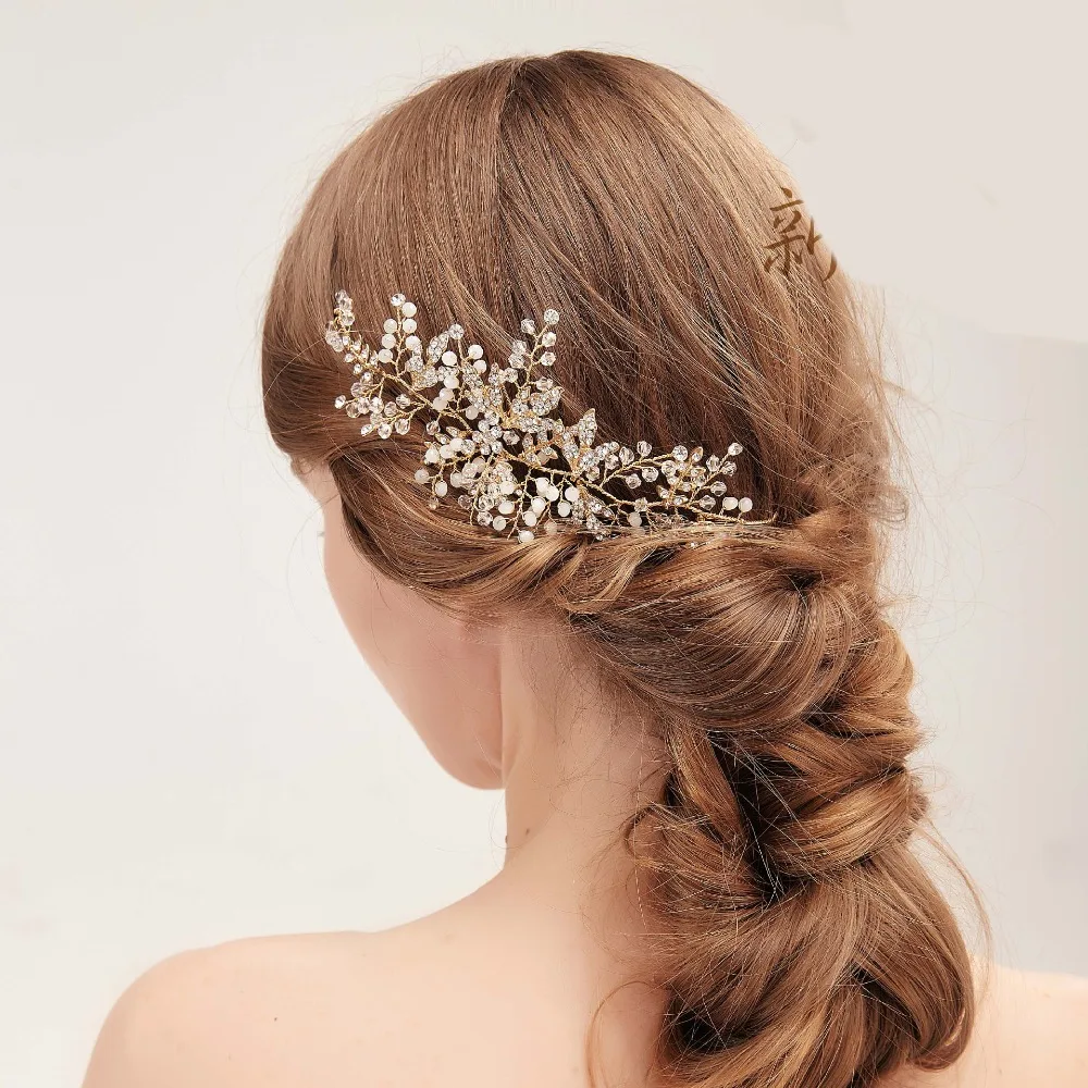 Woodqiqi Flower Rhinestone Pearl Headbands for Women Bridal Leaf Tiara Crown de Noiva Gold Handmade Headband | Украшения и