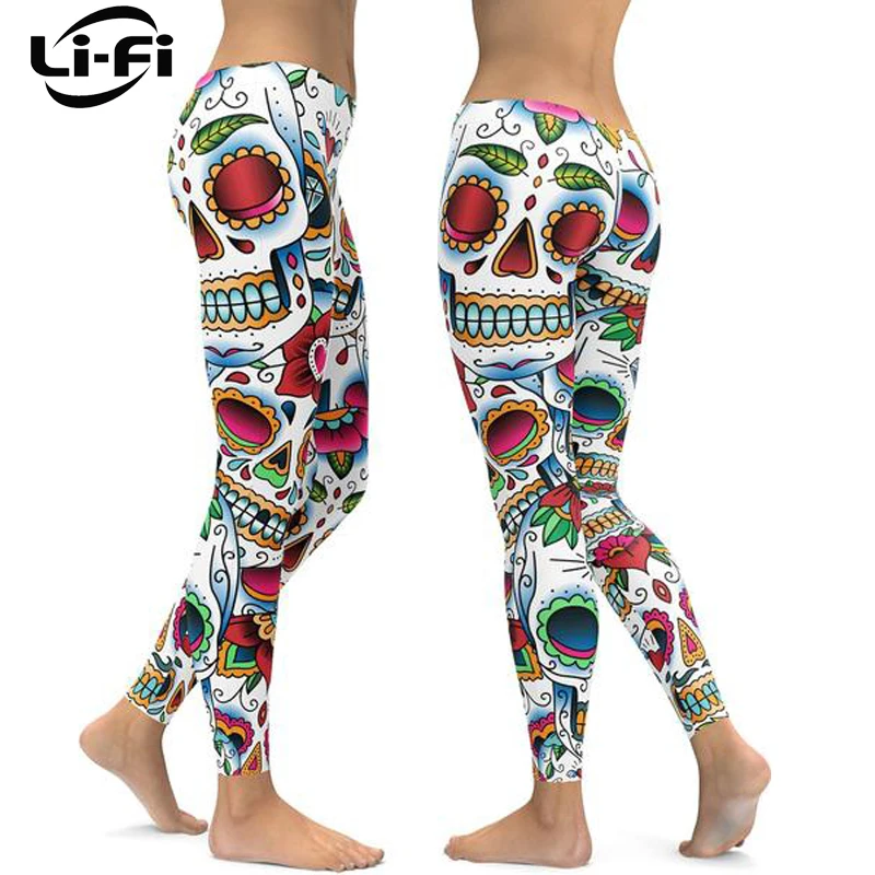 

LI-FI Colorful Dead Sugar Skull Leggings Yoga Fitness Workout Leggings Women Tight Push Up Yoga Pants Gym Sports Wear