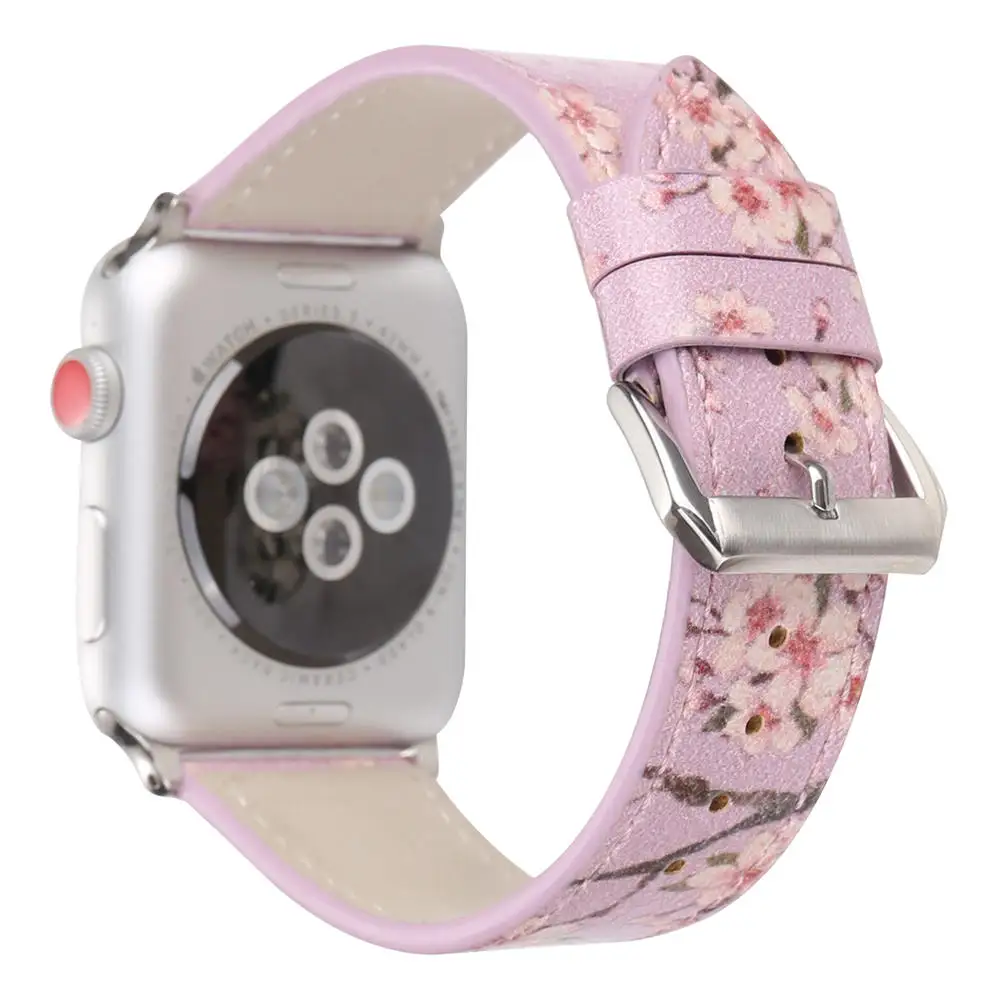 С цветочным принтом кожаный ремешок для наручных часов Apple Watch серии 1/2/3/4/5 Группа 44 мм, 42 мм, 40 мм, 38 мм, версия сливы цветок Дизайн наручные часы браслет