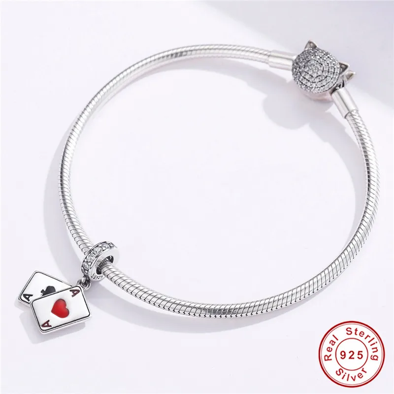 Fit Pandora браслет серебро 925 красный персик амулеты черная эмаль покер сердце карты бусины для изготовления ювелирных изделий женщин DIY