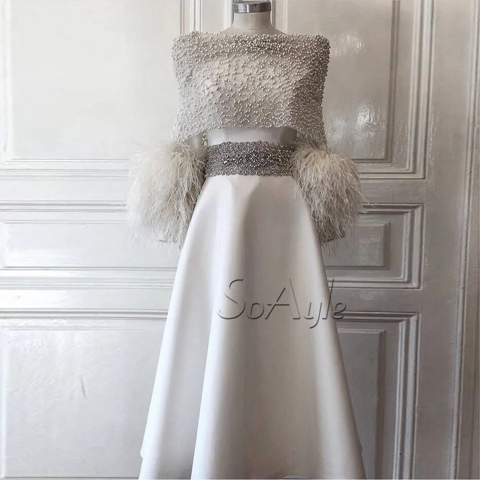 

SoAyle 2019 A-Line Prom Dresses for Women Long Sleeves Feathers Tea Length Evening Dresses Beading Luxury Celebrity Fashion Gown