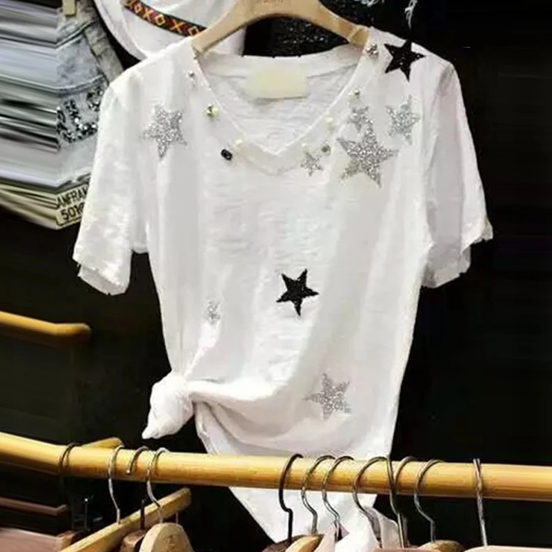 Summer/autumn new female V short sleeved T-shirt collar width cotton shirt all-match Shochiku Festival jacket students tide | Женская