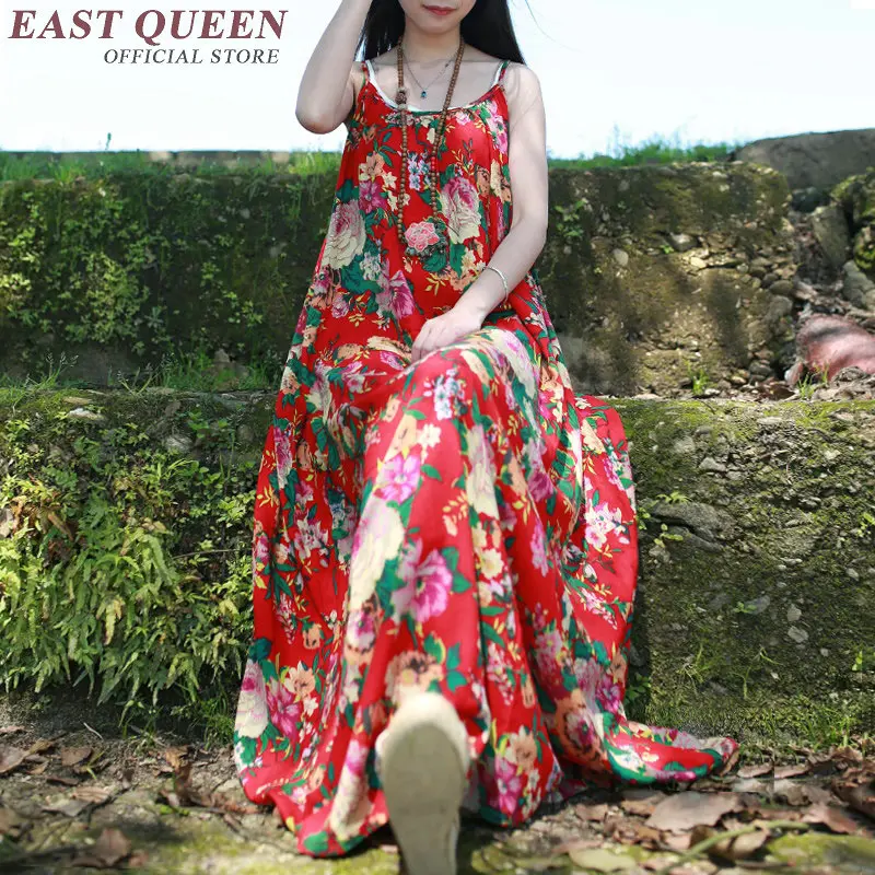 Цветочное длинное платье китайское традиционное льняные платья летние женские
