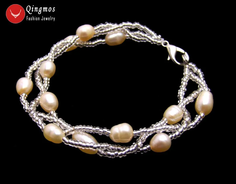 Qingmos Natural Pearl Bracelet for Women with 5-6mm Pink Rice &amp Crystal Handwork Weave 3 Strands Jewelry bra432 | Украшения и
