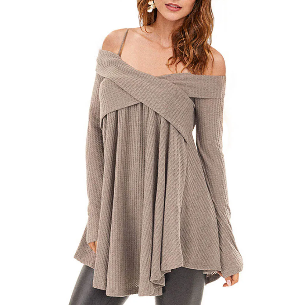 ZAFUL Cold Shoulder Crisscross Tunic Sweater Casual Solid Spaghetti Strap Long Sleeve Pullover Jumpers Ladies Tops Pull Femme | Женская