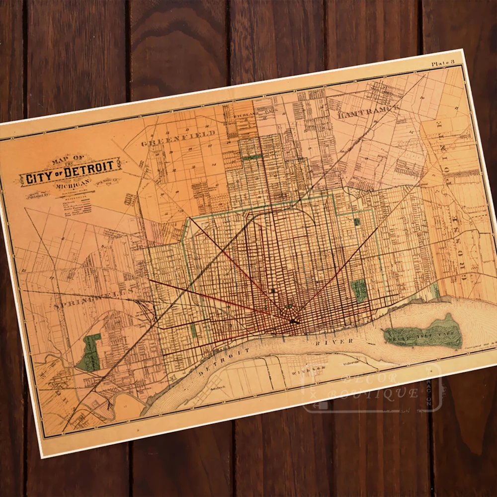 Карта города Детройта Mighigan классический винтажный постер в стиле ретро