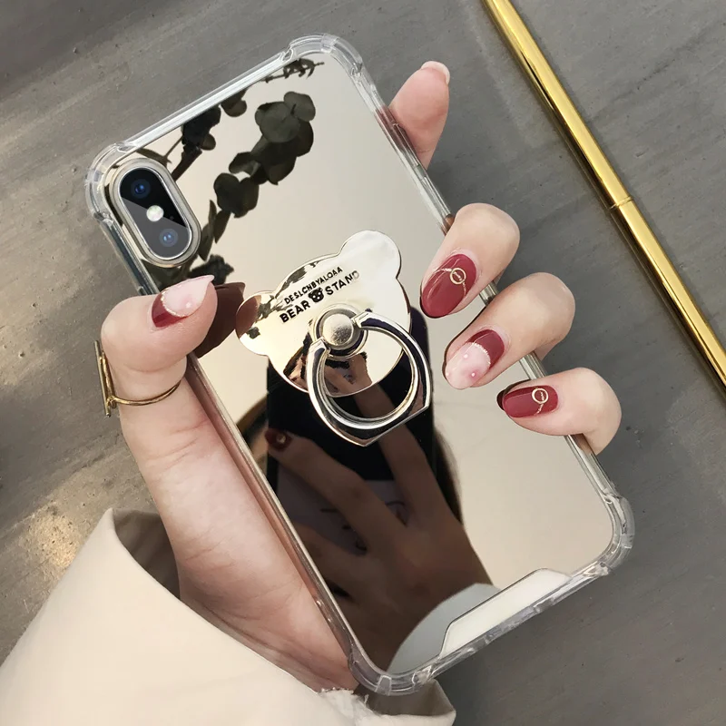 Luxury Mirror Phone Case For iphone 7 8 6 s plus Cute Bear Ring Stand Holder Soft TPU Cover for X 10 XS MAX XR 11 Pro Max |