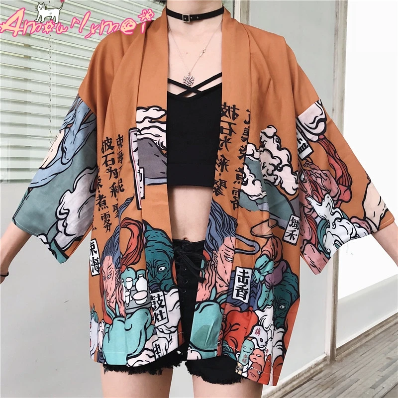 Винтажное кимоно Harajuku с принтом кардиган для женщин рубашки японские кавайные