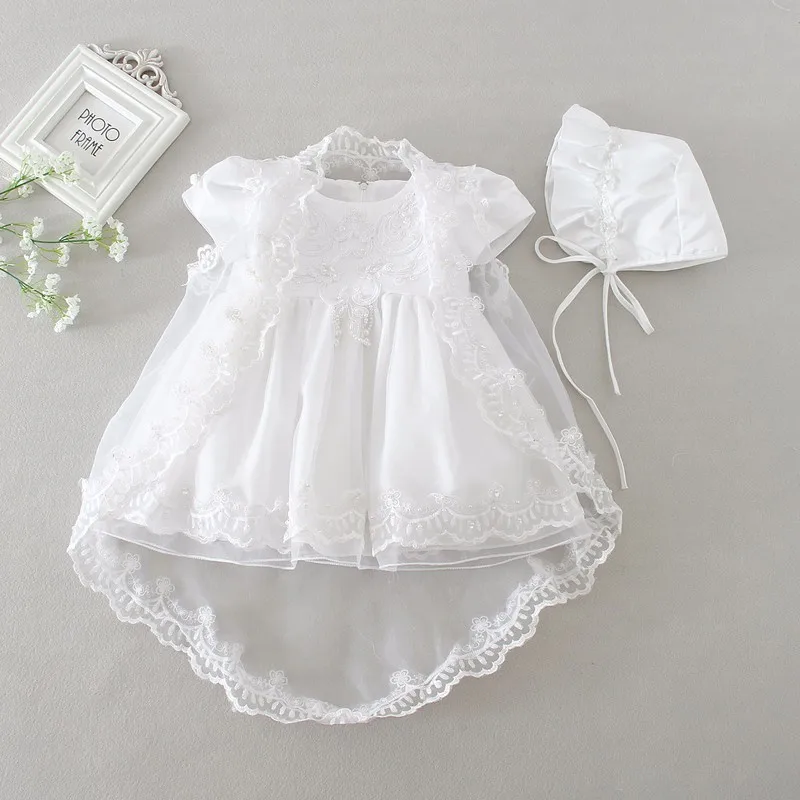 Платье на крестины для маленьких девочек платье + шляпа шаль Vestidos Infantis кружевное
