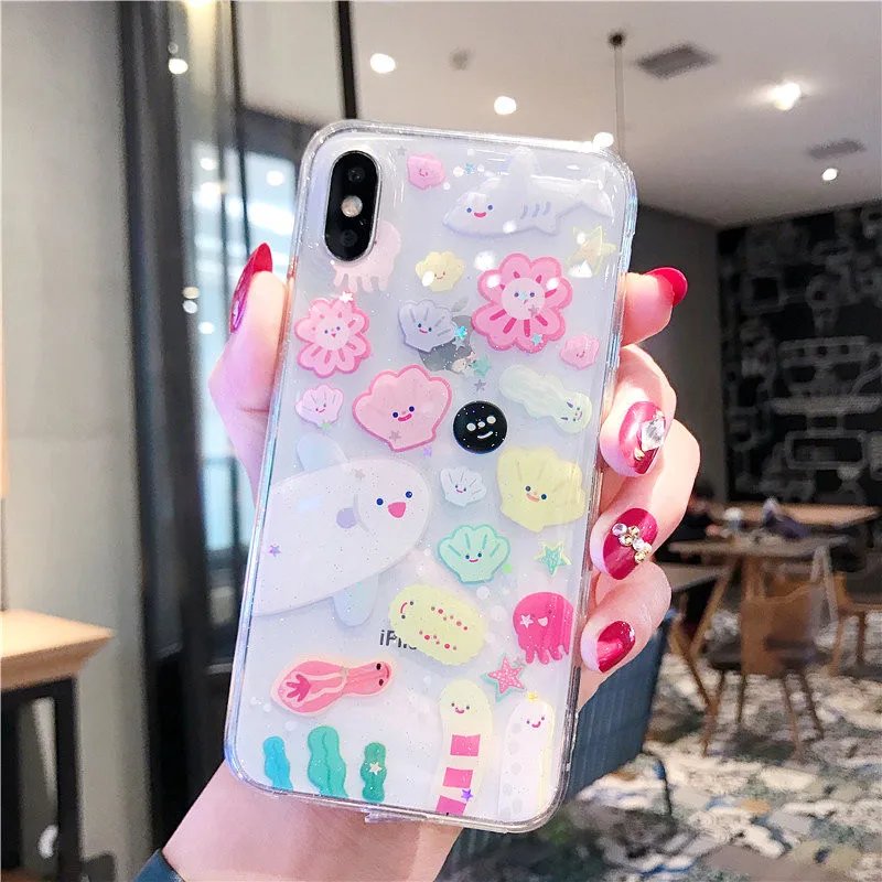 Funny Sun Clouds Graphic Glitter Phone Cases for iPhone X 6 6S 7 8 Plus XR XS Max Girly transparent epoxy Soft Back Cover |
