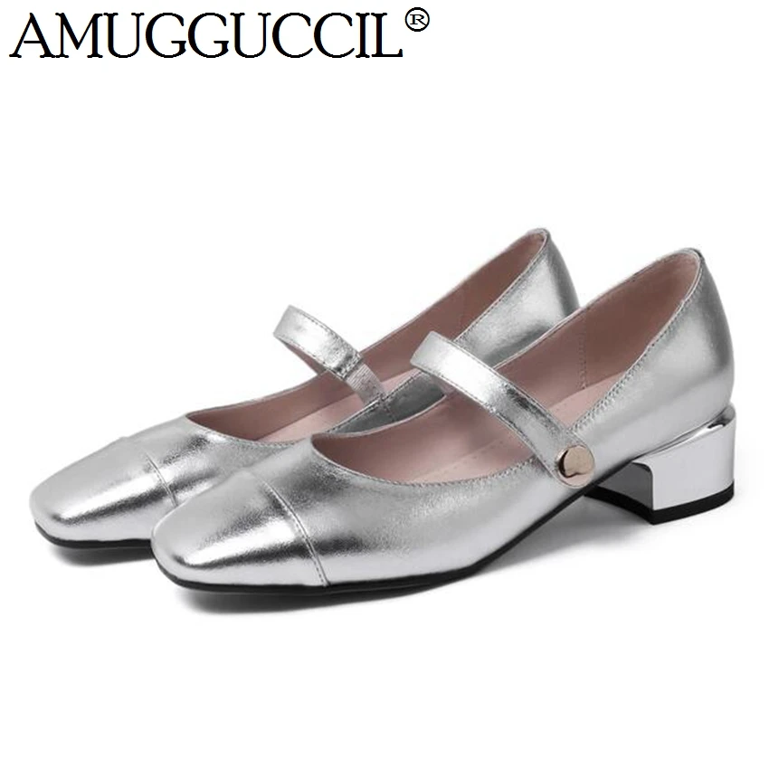 

2021 New Plus Big Size 31-45 Real Genuine Leather Silver Black Fashion Mid Heel Girl Female Lady Women Shoes Pumps D1244