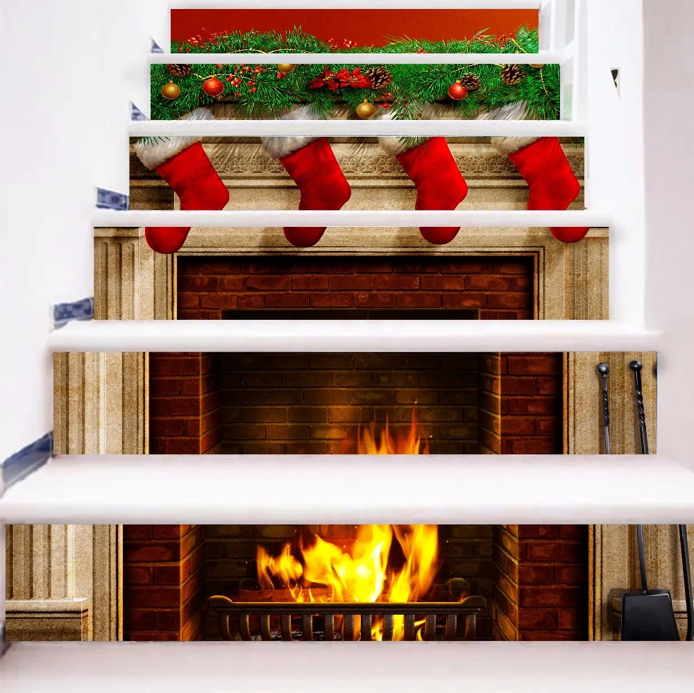

6pcs/set 18cm x 100cm Fireplace with Christmas Socks Pattern Style Stair Sticker Wallpaper LTT071