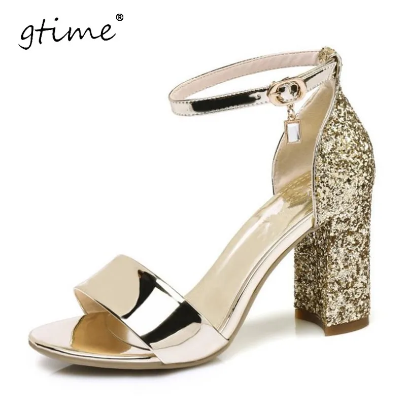Gtime 2017 пряжка ремень высокий каблук сандалии женщин золото серебро мода дамы