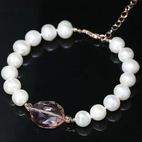 newly white natural freshwater 9 10mm pearl round beads oval crystal unique diy bracelet jewelry b1407