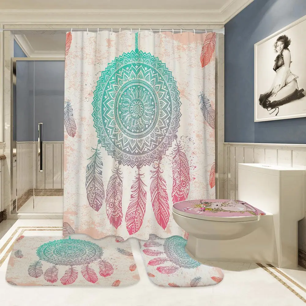 4pcs Curtain Mat Set Miracille Ловец снов набор занавесок для душа водонепроницаемый полиэстер занавески для ванной s 3 шт. коврик для туалета крышка для дома ванная комната - Цвет: 4pcs Curtain Mat Set