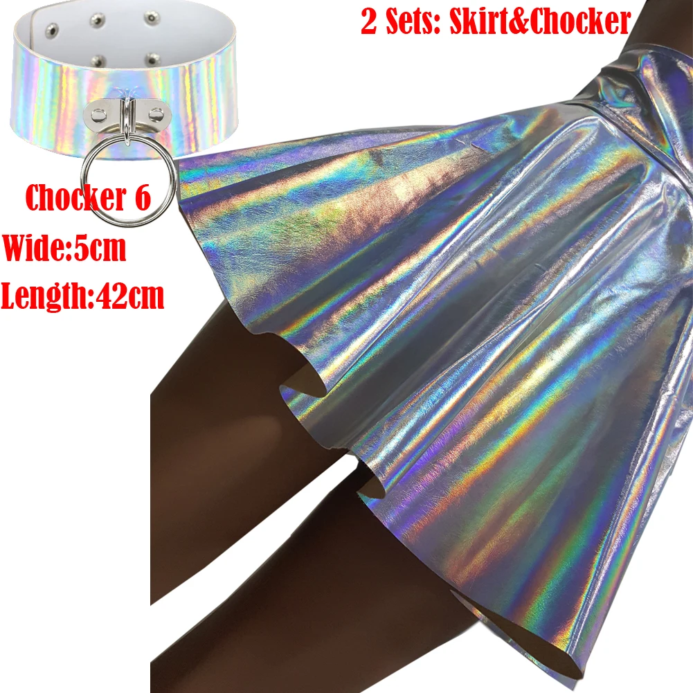 367 skirt chocker 6 Harajuku Серебряная голографическая Женская виниловая юбка голографические одежды для рейва фестиваля наряды лазерная голограмма фольга ткань юбка для скейтера - Цвет: 367 skirt chocker 6