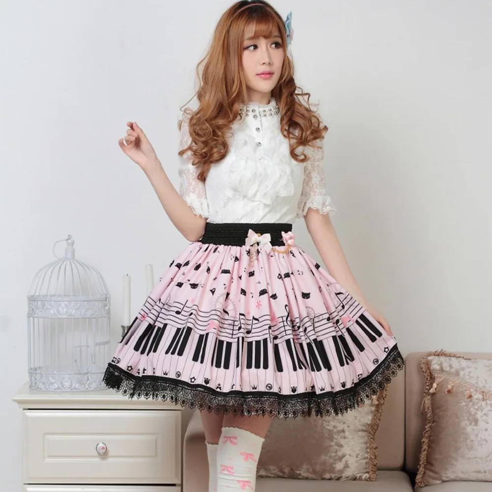 

Sweet Pink Lolita summer Skirt Polyester Piano keys Printed japanese Lace trim elastic