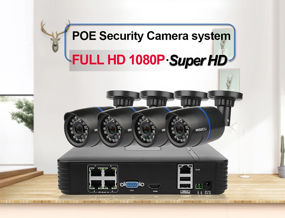 MISECU 1080P POE NVR 4 шт. 2.0mp PoE IP Камера P2P HDMI/VGA 1080P 1 ТБ HDD Ночная ИК просмотр на мобильном наружного видеонаблюдения