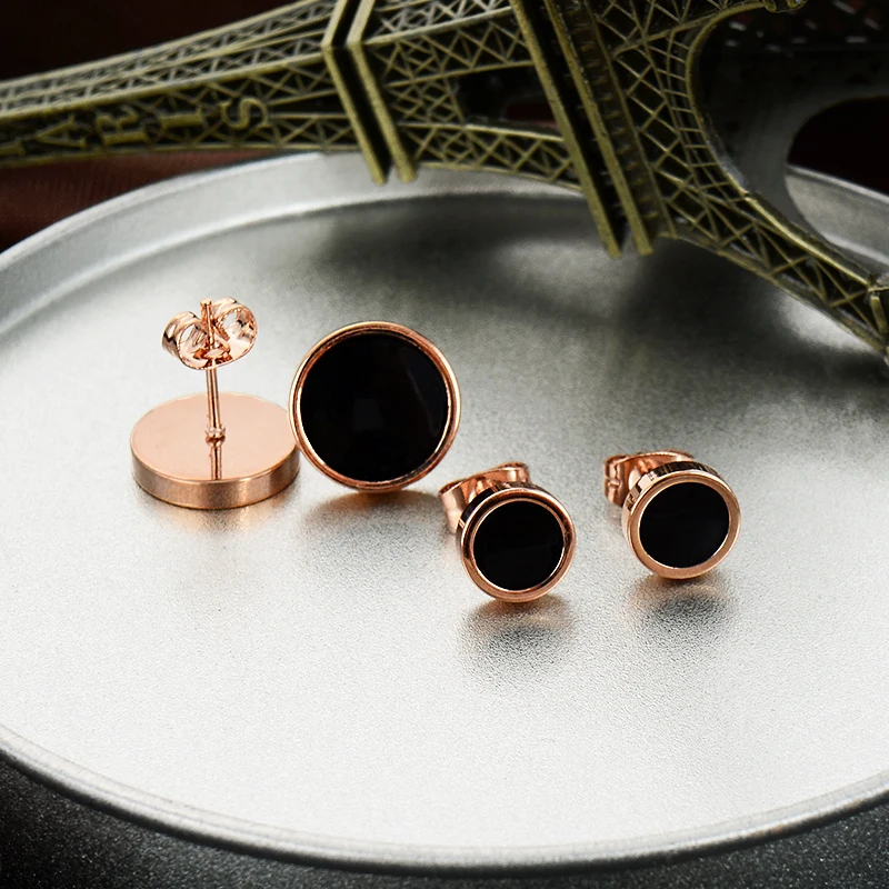 QCOOLJLY серьги-гвоздики круглой формы цвета розового золота, черные серьги для мужчин и женщин, ювелирные изделия, подарок, Букле д 'ореиль, серьги