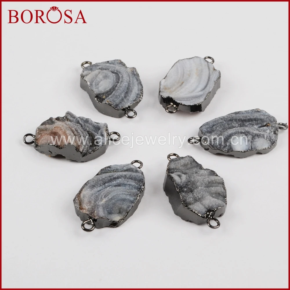 

BOROSA 5pcs Gun Black Color Galaxy Quartz Titanium Natural Stone Connector Double Bails, Drusy Charms for DIY Bracelet B1324