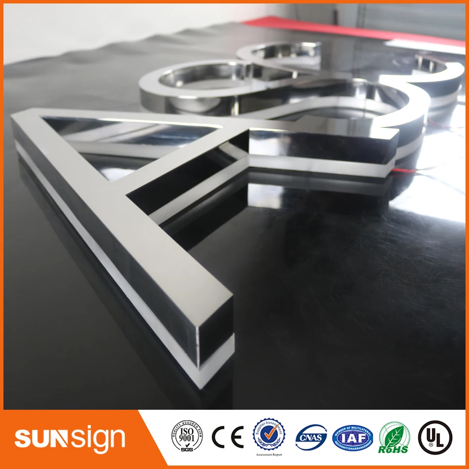 Зеркальные буквы из нержавеющей стали с ореолом-светом полированные