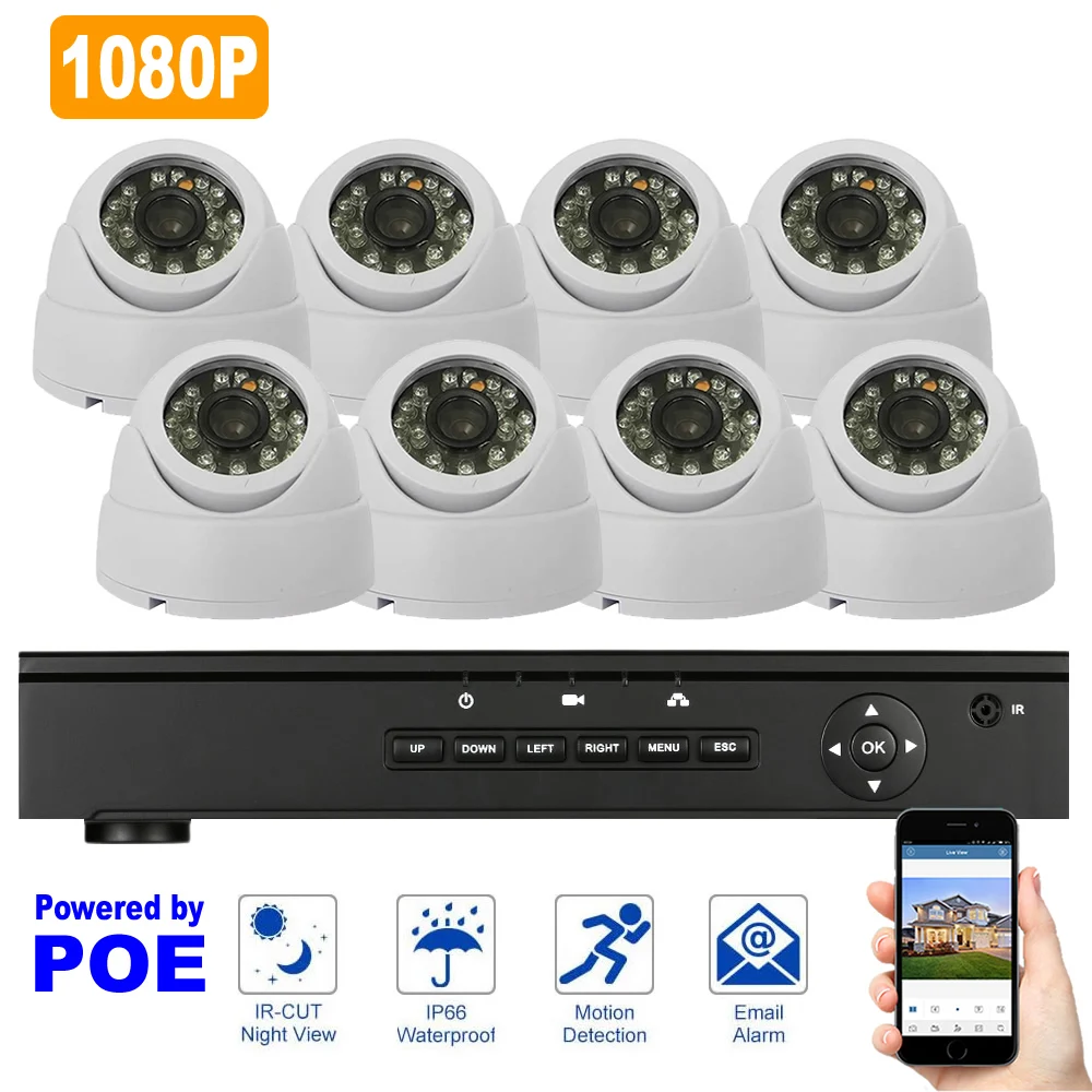8PCS Indoor Camera POE NVR kit 1080P Resolution 48V Surveillance Security System 2MP Dome Night Vision |