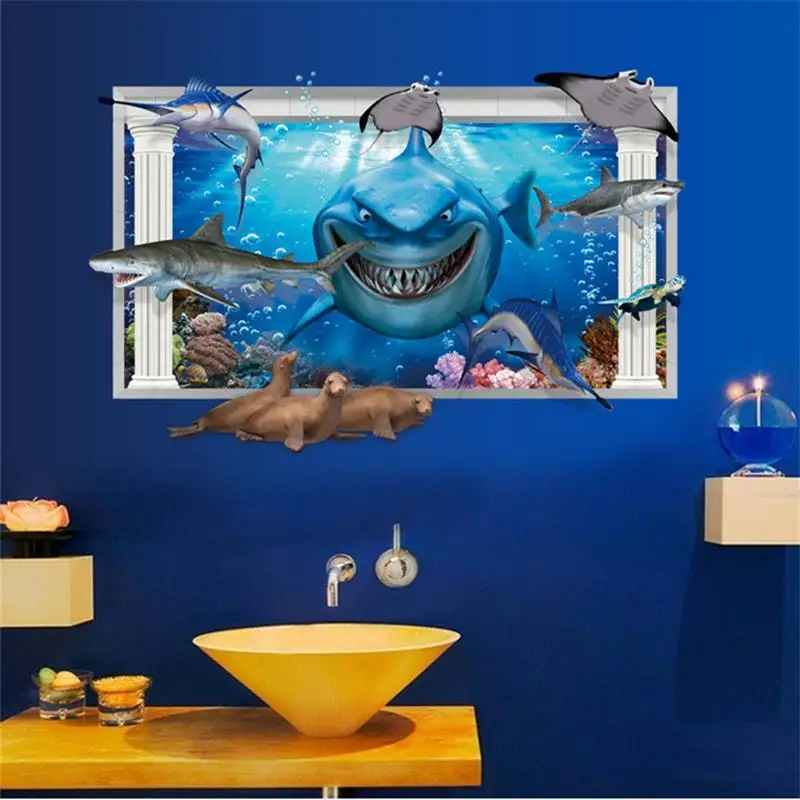 Новый под морское дно стикер стены акулы рыбы 3D мультфильм Водонепроницаемый