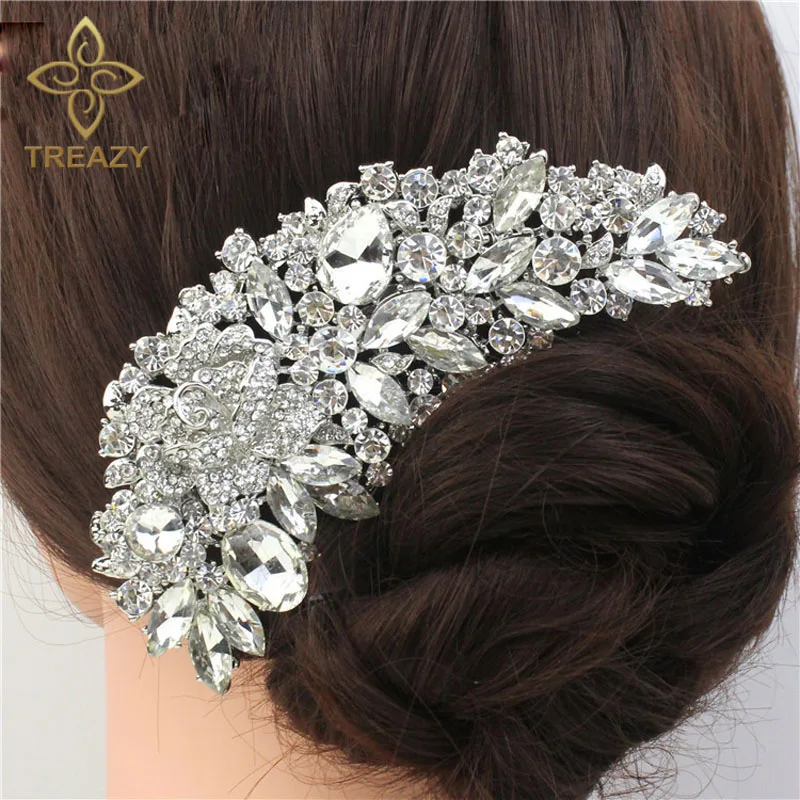 

TREAZY Vintage Large Floral Bridal Hair Combs Rhinestone Crystal Wedding Tiara Hair Jewelry European Design Hair Accessories