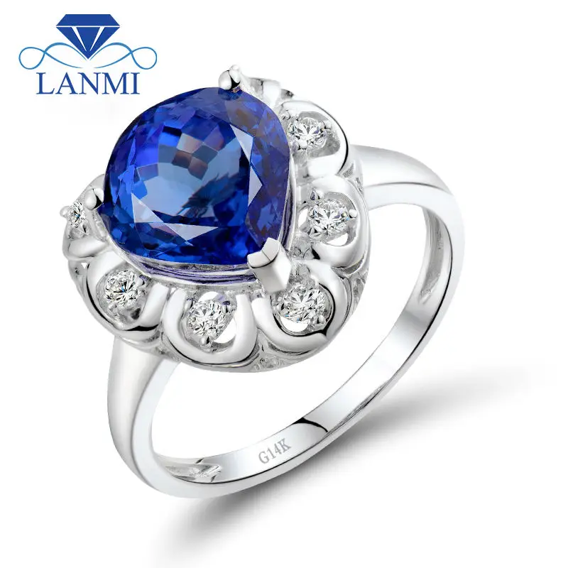 

Solid 14K White Gold Tanzanite Wedding Rings For Woman With Genuine Diamond Pear Cut 9x9mm Gemstone Jewelry WU290