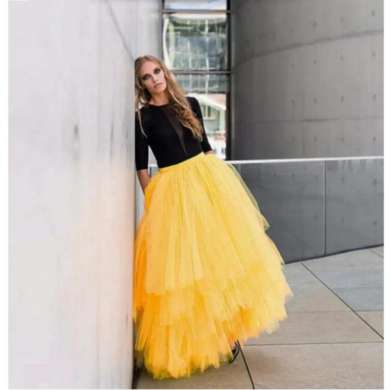 Желтая длинная юбка макси для взрослых юбка-пачка из фатина с многослойным слоем