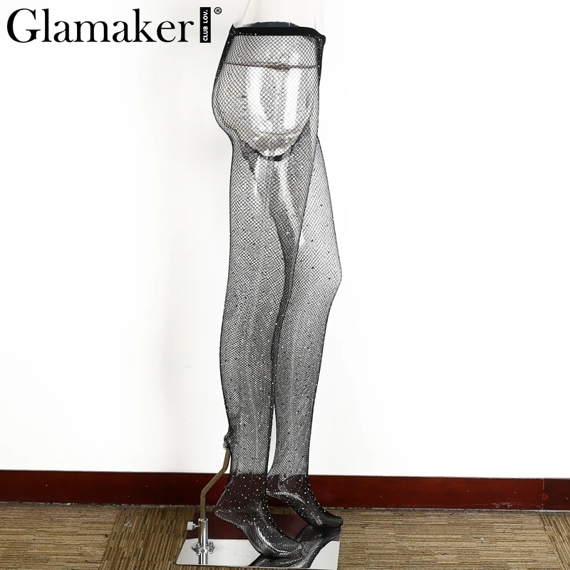 Glamaker, сексуальные сетчатые чулки, стразы, Летние черные чулки, модные колготки, женские, вечерние, Клубные, колготки, нижнее белье, весна
